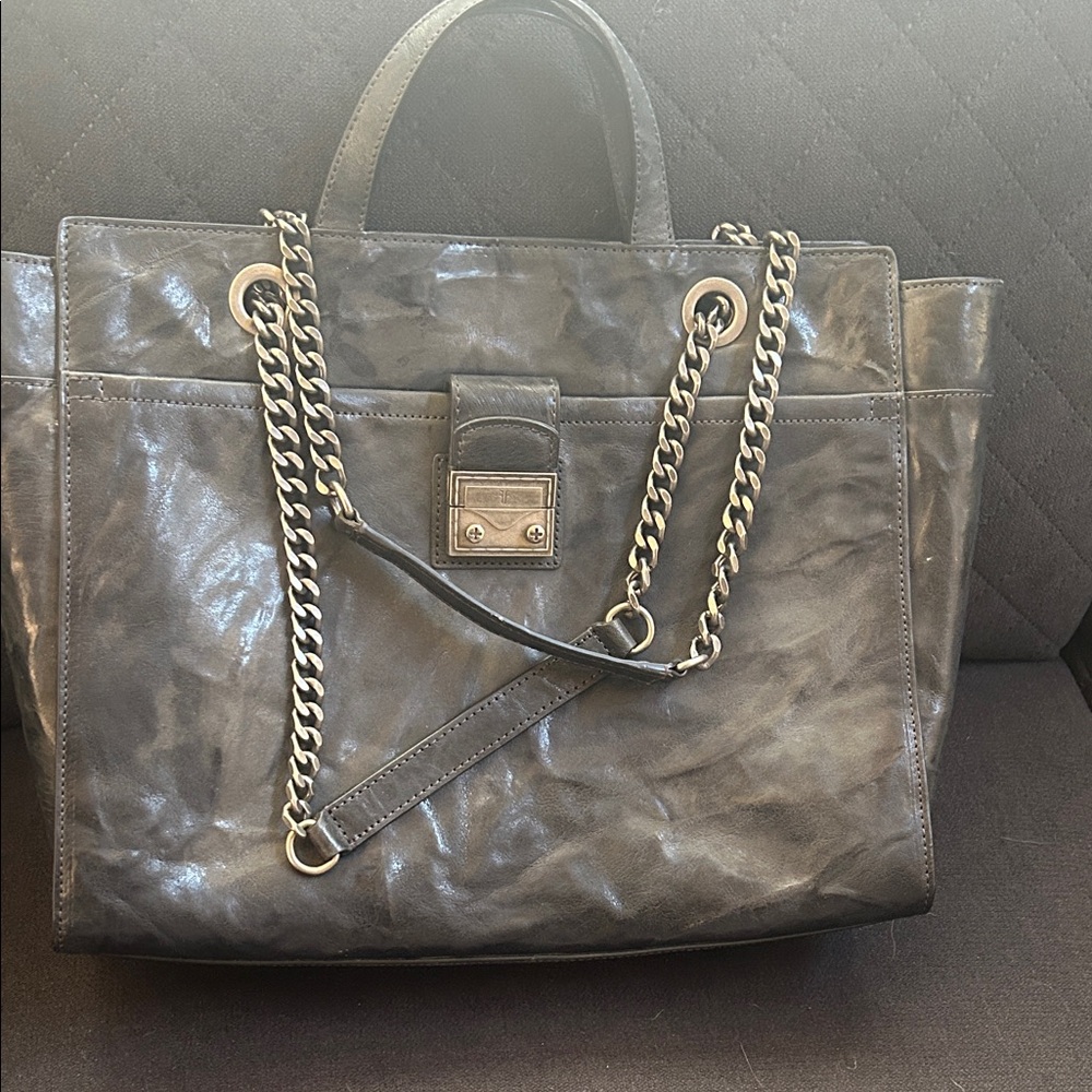 NWT  Frye Shiny Gray Leather Tote with Chain Straps